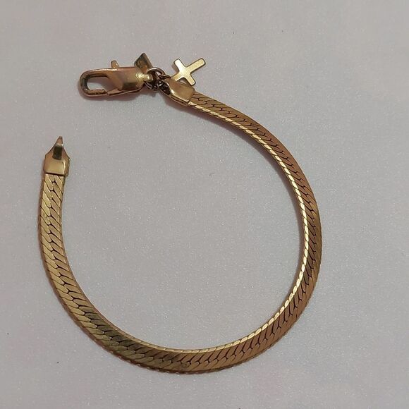 14KT Gold Plated Flat Herringbone Chain Bracelet with Cross Charm